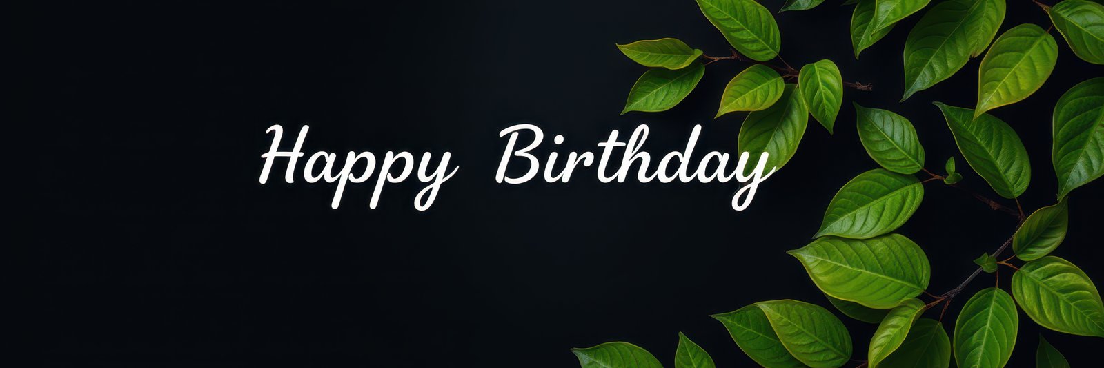 Happy Birthday message surrounded by green leaves on a dark background for a cheerful celebration